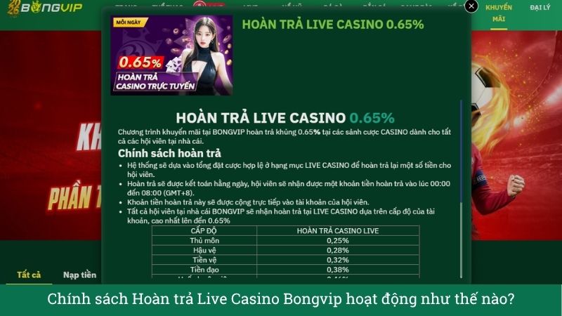 Khuyến Mãi Hoàn Trả Live Casino Bongvip – Nhận Thưởng Không Giới Hạn Lên Đến 0.65%